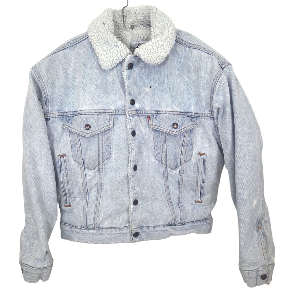 Vintage Levis Trucker Jacket Sherpa Lined Mens Small Distressed Denim Light Wash